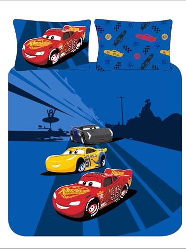 Disney Cars Lightning McQueen Double Duvet Cover Set – Reversible Blue Bedding for Kids – Polycotton 52% Cotton / 48% Polyester – Official Design