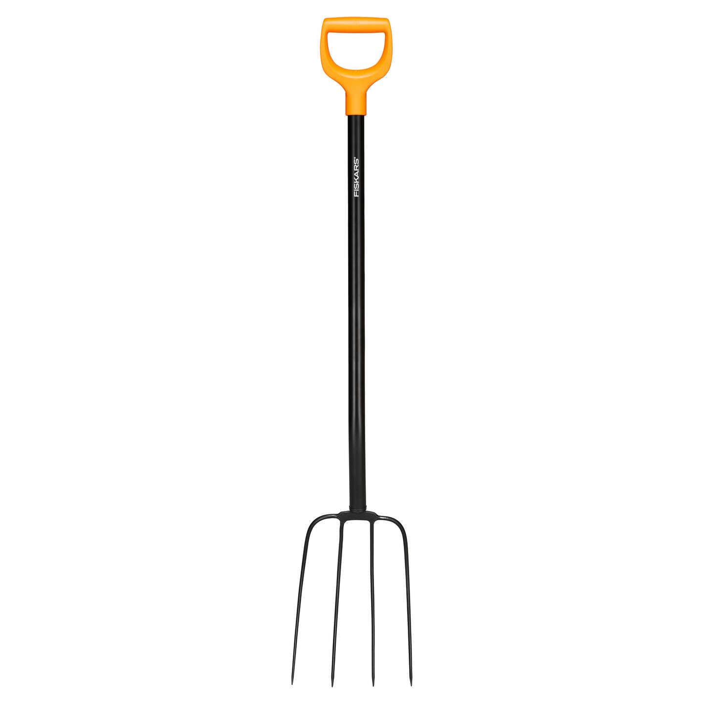 Fiskars Horca para compostar con 4 púas, Longitud: 126 cm, Púas de acero de calidad/Mango de plástico reforzado con fibra de vidrio, Negro/Naranja, Solid, 1070674