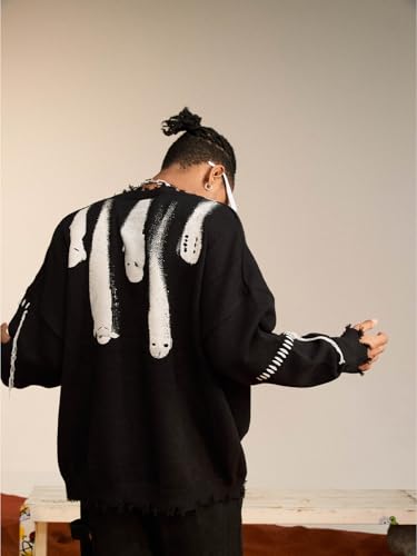 SOPHILECAL Ghost Pattern Sweater Oversized Sweater Long Sleeve Knitted Sweater Unisex Streetwear Pullover3