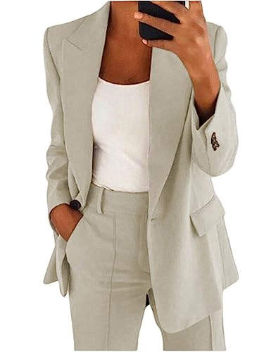 shownicer Damen Hosenanzug Elegant Business Anzug Set Revers Büro Blazer Hose 2-teilig Anzug Zweiteiler Slimfit Festlich Sportlich Streetwear A Beige L