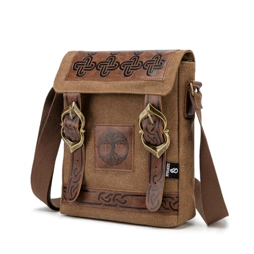 Medieval Renaissance Crossbody Bag – Viking Steampunk Canvas Sling Pack，Brown Embossed with Metal LARP, Travel & Urban Adventures2