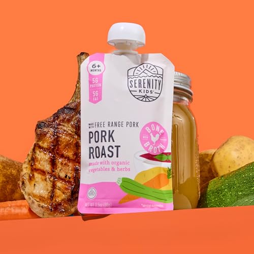 Image of Serenity Kids 6+ Month Pork Baby Food Pouches - Free Range Pork Roast with Bone Broth, Organic Vegetables & Herbs - BPA-Free Food Pouches for Baby - 3.5 Oz, 6 Pack