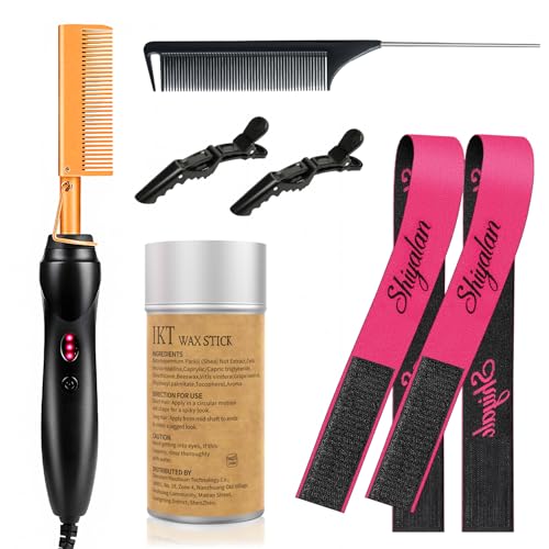 Hot Comb Set 7Pcs, Electric Hair Straightener Pressing Comb for Black Hair, Hot Comb Set with Wig Wax Stick, Lace Band, Rat Tail Comb ＆Salon Clips
