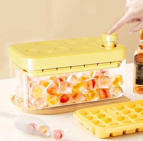 製氷皿 3段重ね ワンプッシュ【1秒で氷が取れる!】84個の氷を一度に作れる 小さい氷 直径1.6cm 専用スコップ 防塵フタ付き 省スペース収納 PP 製氷機 家庭用 (イエロー)