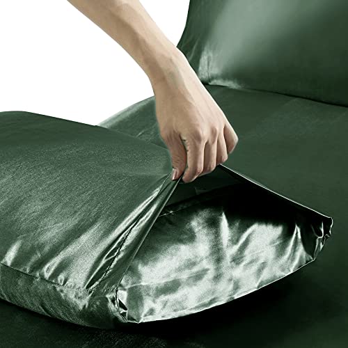 Image of Ersmak 7 Pieces Satin Sheets Set Queen Size, Luxury Silky Emerald Green Satin Bed Sheets Set with 1 Deep Pocket Fitted Sheet, 1 Soft Flat Sheet, 4 Queen Pillowcases and 1 Body Pillowcase