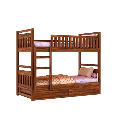 Image of Ganpati Arts Solid Sheesham Wood Swift Bunk Bed Twin Over Bed with Ladder Wooden Bunk Bed with 2 Drawer Storage for Bedroom Living Room Home (Natural Finish)