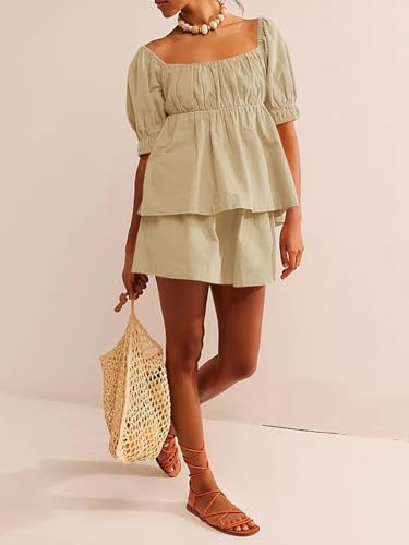 Image of Tankaneo Womens 2 Piece Outfits Summer Square Neck Short Puff Sleeve Babydoll Tops and Shorts Matching Set
