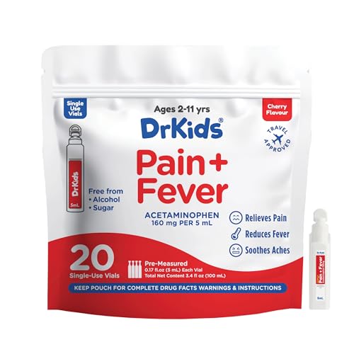 Image of Dr. Kids Children’s Pain and Fever Medicine - Acetaminophen for Kids Ages 2-11, Pre-Measured Single-Use Vials for Headache, Sore Throat, Cold and Flu, Cherry Flavor, 20 Count (Pack of 1)