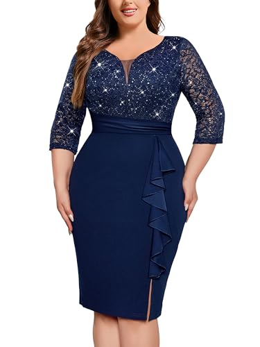 Image of MISSMAY Plus Size Lace Ruffle Cocktail Party Dress | Sequined Dress,V Neck,Ruffle Split Hem,Party Dress,Sparkle,Curvy Women,Bodycon Dress