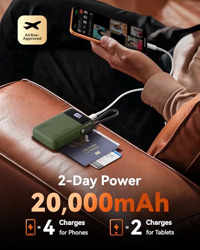 Image of INIU 20000mAh Power Bank, Small 45W PD Fast Charging Portable Charger with Built-in USB C Cable, Flight-Safe Travel External Phone Battery Pack for Camping, ShortTrip, Travelers, Hikers, Green