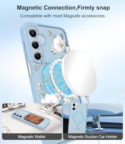 Image of VONZEE Compatible with Samsung Galaxy S24 FE 5G Case Luxury Retro Flowers Floral Clear for Magnetic Wireless Charging Case Shockproof Case PC+TPU Cute Glossy Shiny Cover for Girls Women, Official Blue