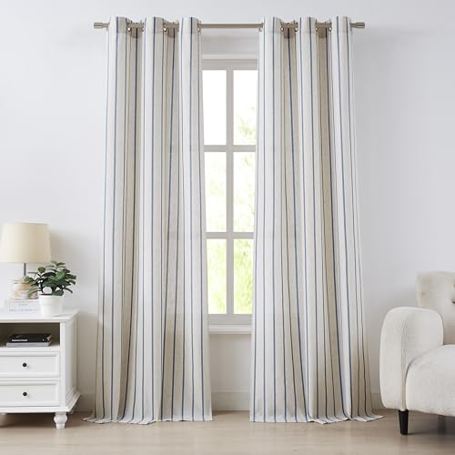 Bapawfish Dusty Blue Stripe Semi Sheer Window Curtain Panels 90 Inch Length