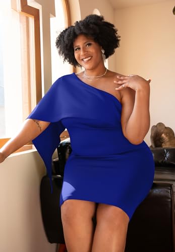 GOBLES Women's Summer Sexy One Shoulder Ruffle Bodycon Midi Cocktail Dress Royal Blue - Thumbnail 5