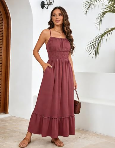 GRACE KARIN Women's Summer Maxi Dress 2026,Smocked Ruched Bust Sundress with Adjustable Straps & Pockets Brick Red XXL — view 3