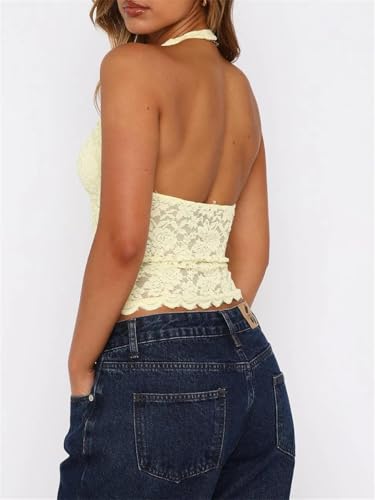Women Sexy V Neck Lace Halter Top Backless Sheer Mesh Y2k Trendy Going Out Tops3