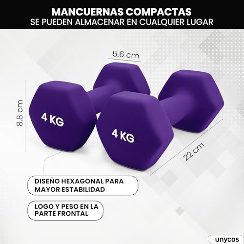 unycos - Pesas y Mancuernas Antideslizantes【Hierro | Neopreno】de 1 kg a 10 kg - Suaves al Tacto para Hombres y Mujeres, Diseño Ergonómico, Anti-Rodadura, Gimnasio en Casa, Fitness - Imagen 6