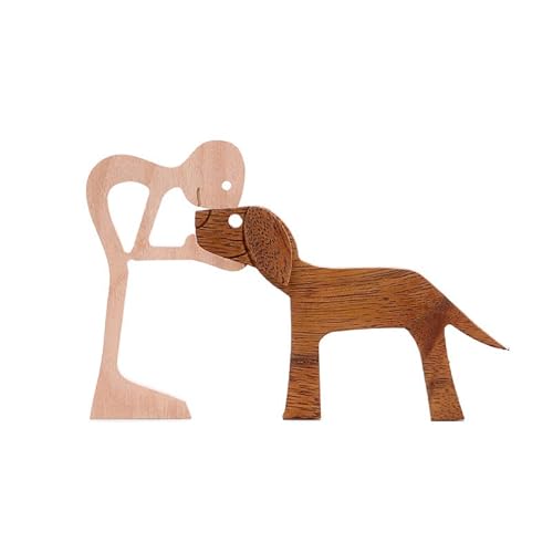AIMALL Handmade Wooden Statue, Sitting Woman and Dog, Carved Wood Decor Craft, 7.5x5x0.4 Inches, Natural Wood Colour, Rustic Home Decoration