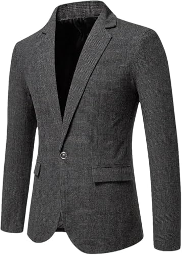 Men's Retro Plaid Tweed Jacket Button Front Business Casual Work Suit Coat Straight Fit Outerwear