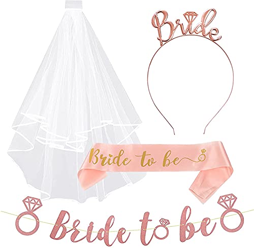 Bride to be JGA deko, Hen Do Party Zubehör mit Braut Schärpe, Banner, Tiara, Schleier Hen Party Dekoration Set für Hochzeit, Brautdusche, Junggesellinnenabschied, Junggesellenabschied-Rosé Gold Cover