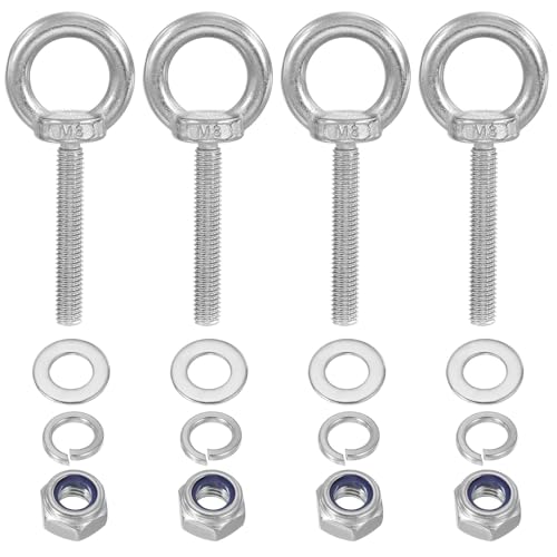 PATIKIL M8 x 50mm Eye Bolt with Nut, 4 Pack 304 Stainless Steel Lifting Shoulder Eyebolt Lift Thread Screws for Hanging, Silver