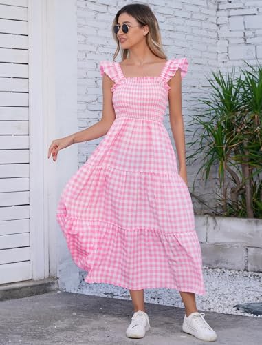 AWIBMK Mommy and Me Matching Dresses Plaid Midi Dress Summer Square Neck Ruffle Flowy Beach Mom Daughter Outfits3