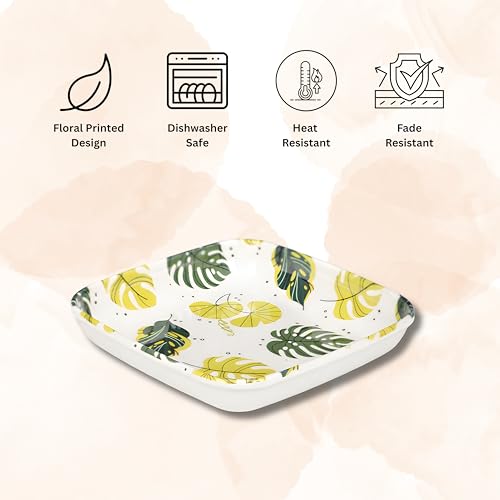 Image of SNKM - Melamine Quarter Snacks Plates | Leaf Printed Design | Set of 8 | Square | Unbreakable | Lightweight | for Snacks, Breakfast, Mughlai Lunch or Dinning | Yellow | Rectangular, Set of 8