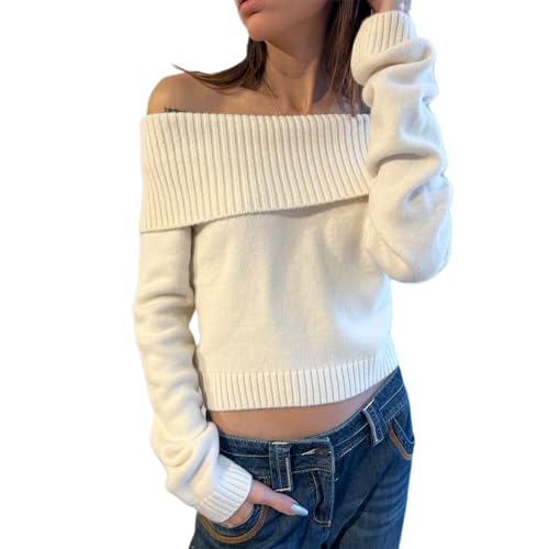 Women Off Shoulder Long Sleeve Sweater Y2K Ribbed Knit Pullover Solid Crop Top Going Out Boat Neck Blouse