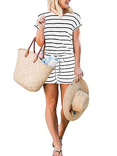 Anrabess Women's Summer Short Sleeve Striped Jumpsuit Rompers With Pockets Short Pant Rompers Pajamas Loungewear A233-Baihei-Xl #TOP13