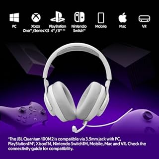 JBL Quantum 100M2 - Wired Over-Ear Gaming Headset with omnidirectional, Detachable mic with Mute Option and Fabric-Covered Memory Foam Ear Cushions, Compatible with All Platforms (White)