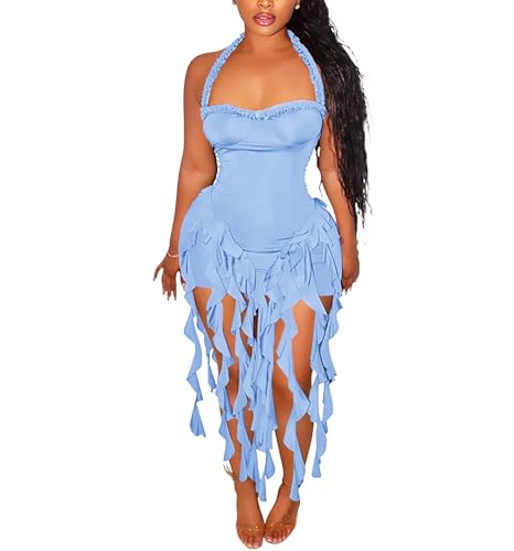 Image of Aro Lora Womens Sexy Halter Neck Sleeveless Ruffle Tassel Party Club Bodycon Mini Dress