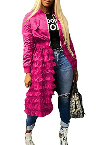 Women Jacket Long Sleeve Zipper Ruffle Sheer Mesh Patchwork Dress Open Front Bomber Jacket Cardigan Outwear (Rose Red, L)