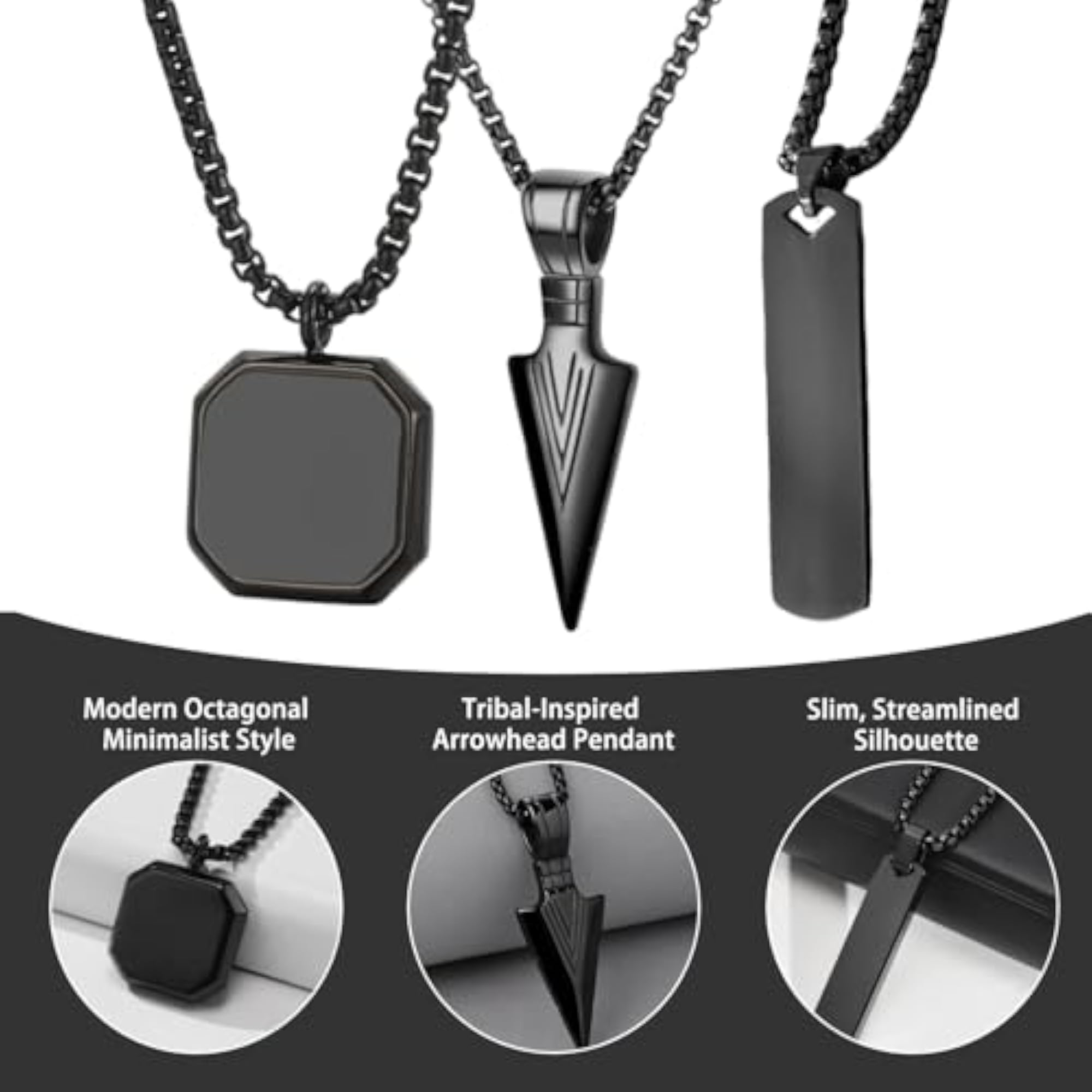 Stylish Black Chain Necklace Set for Men, 3 Piece