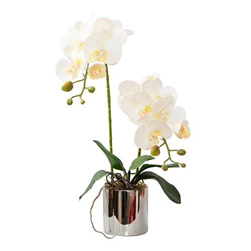 Flores artificiales de orquídeas blancas sintéticas con jarrón de cerámica, arreglos florales de Phalaenopsis falsos, hermosas plantas artificiales para oficina, escritorio, boda, fiesta, centro de