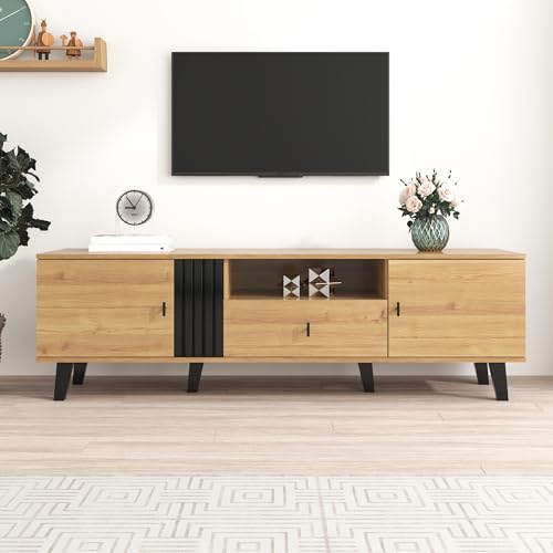 FAYICIC Elegancia elegante: mueble de TV de 170 cm con diseño de madera y negro, mueble de TV, mueble bajo con cajones, múltiples funciones de almacenamiento, aspecto único