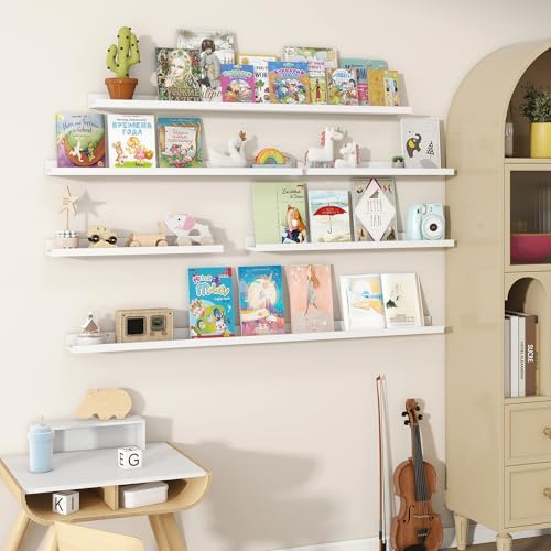 Fun Memories Picture Ledge Shelves Set of 2, 24 Inch Rustic Wall Mounted Floating Shelves with Lip for Home Storage and Décor in Bathroom, Kitchen, Nursery, Bedroom, Living Room, White
