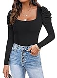 Ebifin Langarm Bodys für Damen Sexy Bodysuit Elegant Bodies Tops Square Neck Oberteil.Schwarz.XL