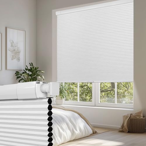 BERISSA No Drill No Tools Cordless Cellular shades,Classic solid fabric 100% Blackout Honeycomb Blinds for Window,Easy to Install Pull Down Shade Thermal Insulation for home,Blackout-White,Custom Size