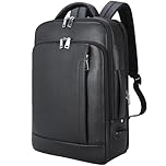 TIDING Genuine Leather 15.6" Laptop Backpack for Men Expandable Business Work Bag Travel Rucksack Large Daypacks with USB Charging Port, Black