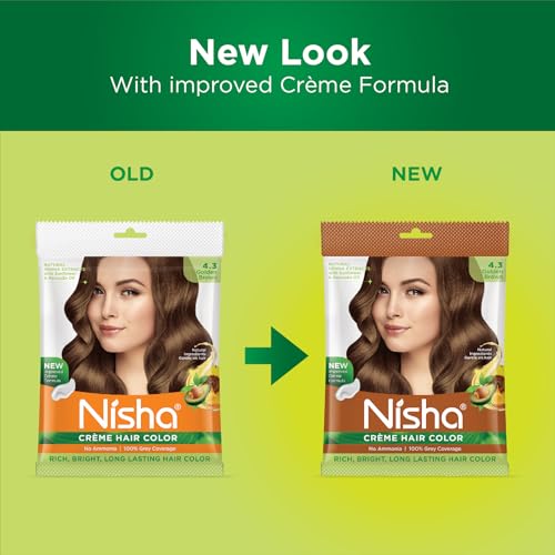 Image of Nisha Creme Hair Color, Permanent Hair Colour Golden Brown, Silky & Shiny 100% Grey Coverage Rich Bright Long Lasting Hair Colouring For Ultra Soft Deep Shine Hair Dye (Pack of 1)