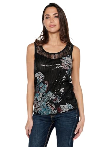 Koroshi Camiseta sin Mangas con Bordados Delanteros de Color Negro para Mujer, de Color Negro, Talla M