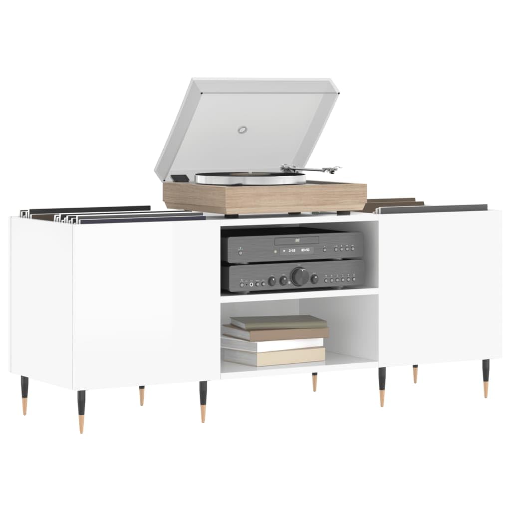 Armoire à disques, blanc brillant, 121 x 38 x 48 cm, en bois avec pieds en fer, espace de rangement pour vinyles, CD et DVD, convient comme meuble multimédia et TV pour salon et home cinéma