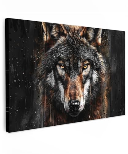 MuchoWow© Impression sur Toile Peinture 120x80 cm Tableau Mural Decoration Salon Reproductions de Tableaux Murale Moderne Animaux - Loup - Portrait - Noir - Marron