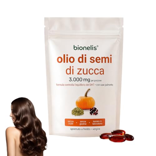 Bionelis Olio di Semi di Zucca e Saw Palmetto -180 Conteggio, Olio di Semi di Zucca per Capelli, Ingredienti naturali, Senza Glutine, per Uomini e Donne (1)