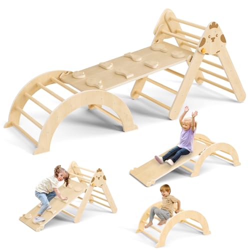 MINENICE 7-in-1Montessori-Kletterdreibein,Kletterdreieck mit Rutsche, Kletterbogen, mit Kletterbogen und Rutsche,Holzdreibein für Kleinkinder von 1–3 Jahren, Kletterspielzeug für drinnen (Holzfarbe)