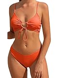 ZAFUL Bikini Set for Women Two Piece Swimsuits High Waisted Cut Out Tie Front Cheeky Crisscross Halter Bathing Suit(Fluorescent Orange,S)