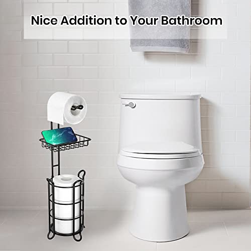 Matte Black Bathroom Freestanding Toilet Paper Holder Tissue Roll Holder Stand with Shelf Storage Holds 4 Jumbo Rolls Phone and Wipes by TreeLen - Image 7