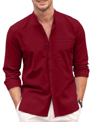 Image of Mens Casual Button Down Shirt | Cotton Luster Long Sleeves Shirts | Mandarin Collared Shirts