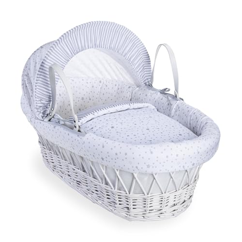 Clair de Lune estrellas y rayas color blanco mimbre Moisés Basket inc. ropa de cama, colchón y capucha ajustable (gris)