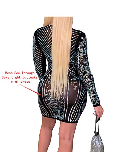 Porrcey Women's Sexy Hot Drilling Craft Long-Sleeved Dress Body Party Club Night Out Dress (3371,Black,L) #TOP1