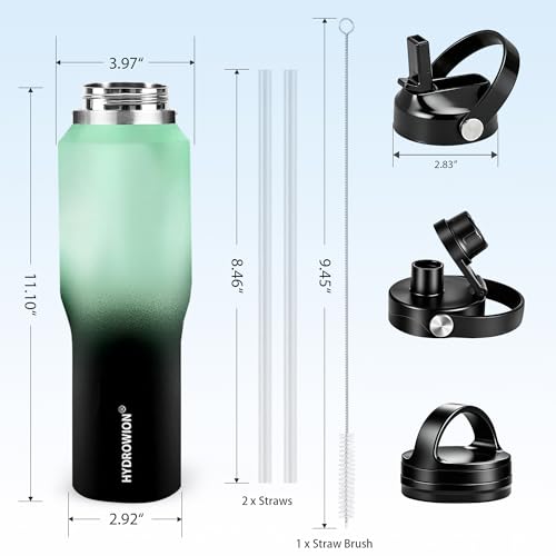Image of HYDROWION 40 oz Insulated Water Bottle with Straw fit in Car Cup Holder(Cold 48 hrs, Hot 24 hrs) Drinking Bottle with Straw Lid, Spout Lid and Flex Cap Leakproof Travel Thermo Mug,Mint - Black